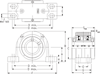 Double Concentric Four-Bolt Pillow Block - Dimensional Drawing